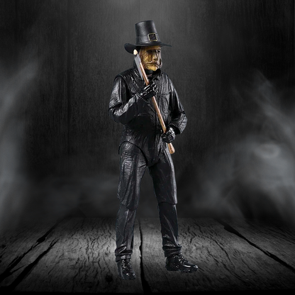 Figure in a dark suit with a top hat holding a cane against a smoky background