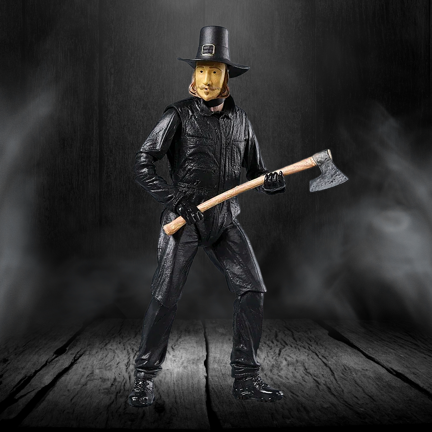 Figure in black attire holding an axe against a dark background