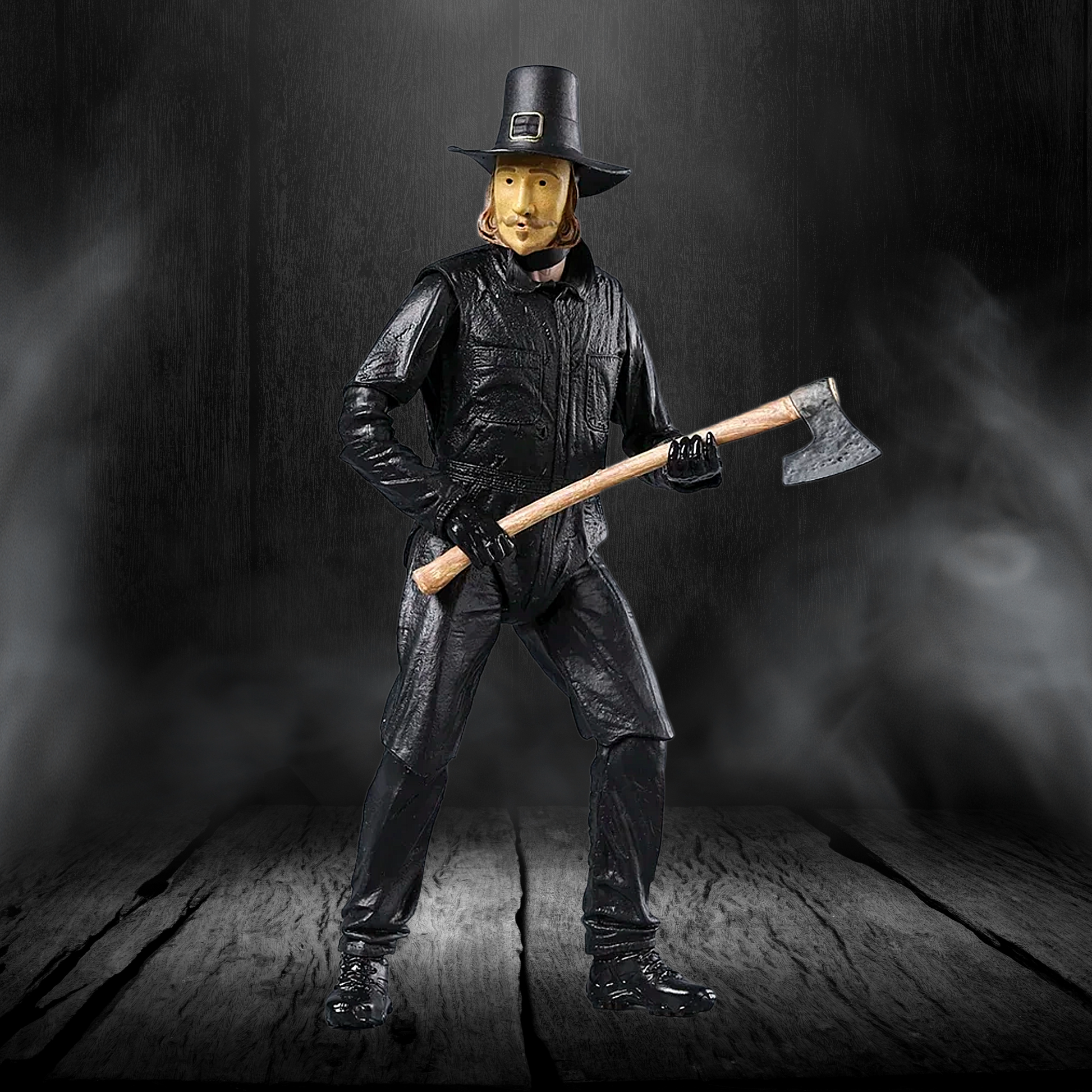 Figure in black attire holding an axe against a dark background