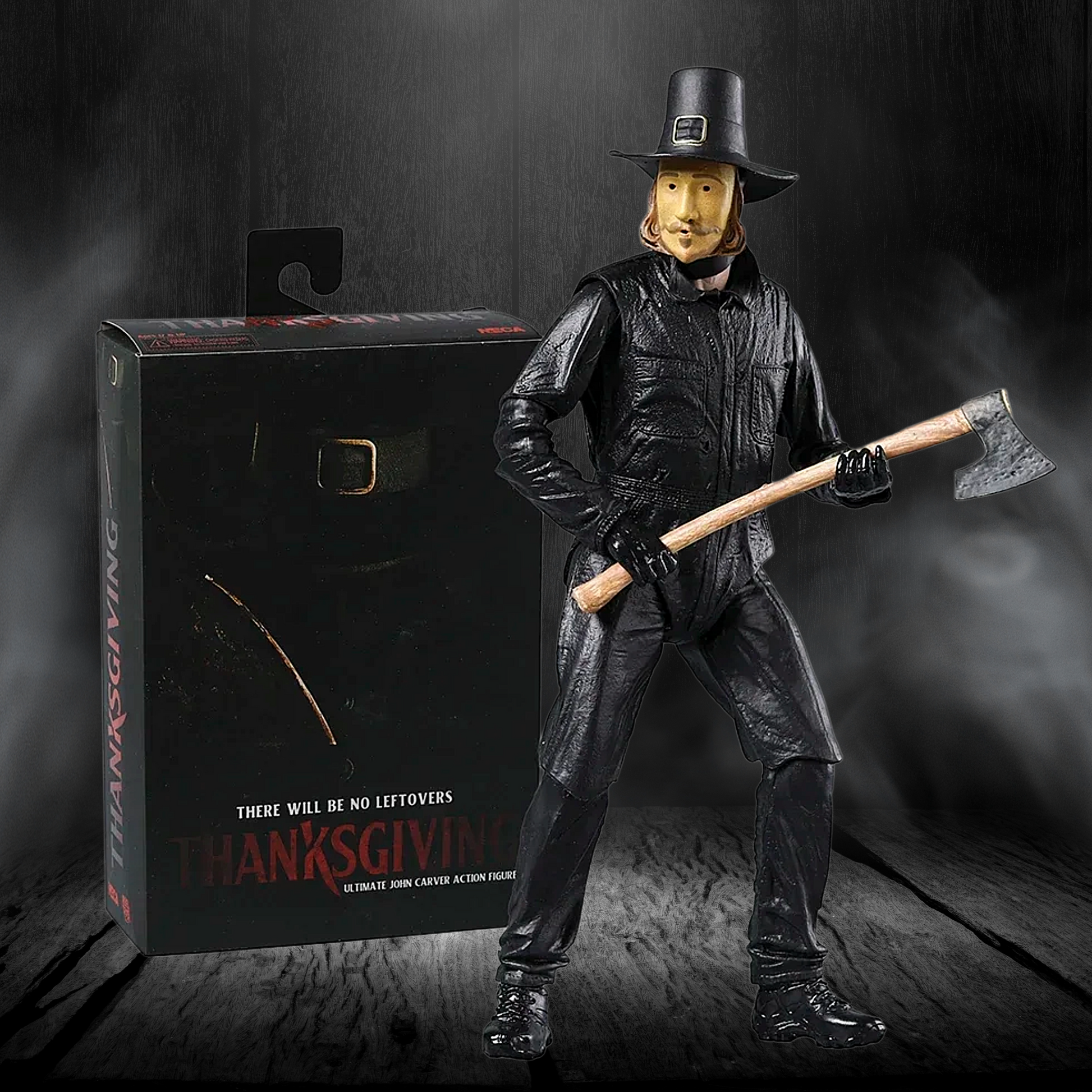 Action figure of a character holding an axe next to its packaging on a dark background