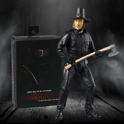 Action figure of a character holding an axe next to its packaging on a dark background