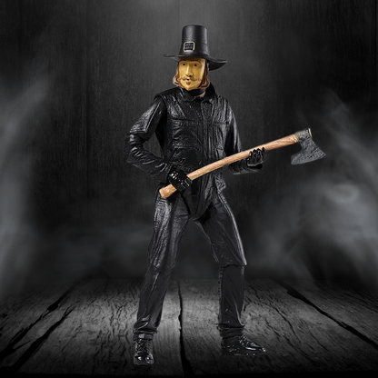 Person in black leather outfit with hat holding an axe against a dark background