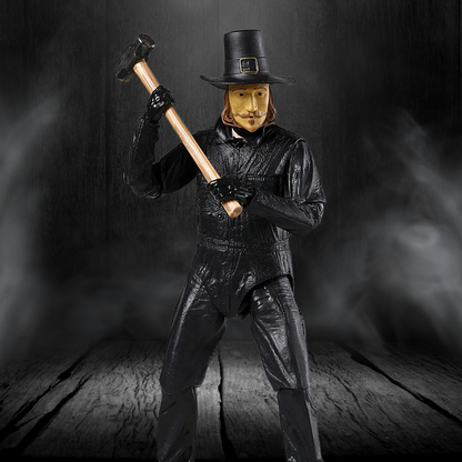 Figure in black leather outfit with hat and axe against a dark background