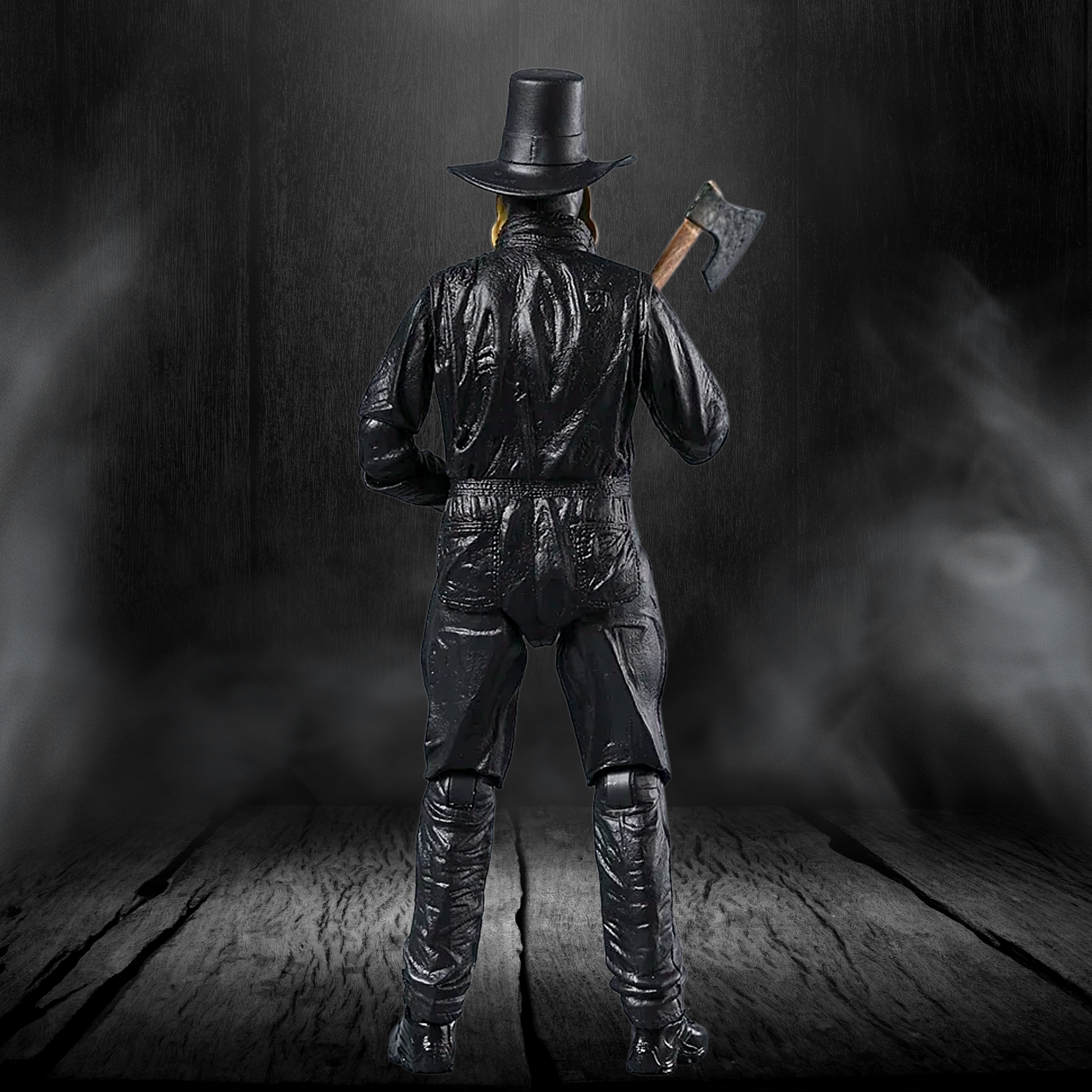 Figure in a leather outfit with a hat and axe on a dark background