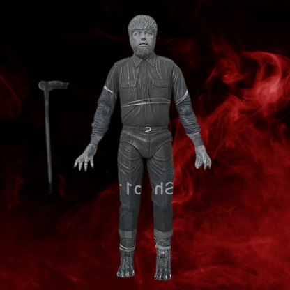 Action figure with a cane on a dark background with red smoke effect