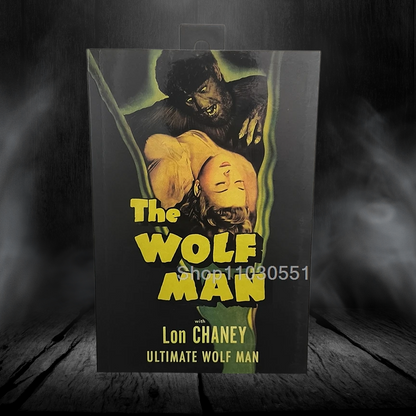 Vintage movie poster for 'The Wolf Man' with Lon Chaney on a dark background.
