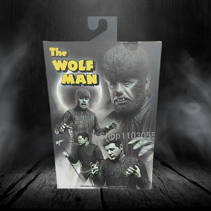 Packaging for 'The Wolf Man' figure with black and white images of the character on a dark background.