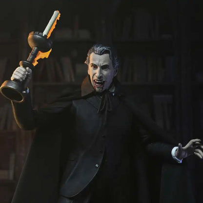 Character in a dark coat holding a flaming object against a dark background