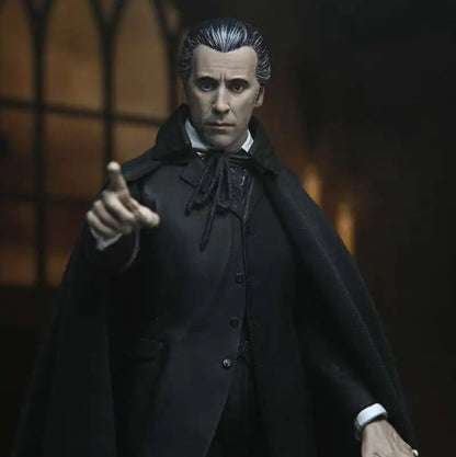 Figure in a dark coat with a gothic-style background