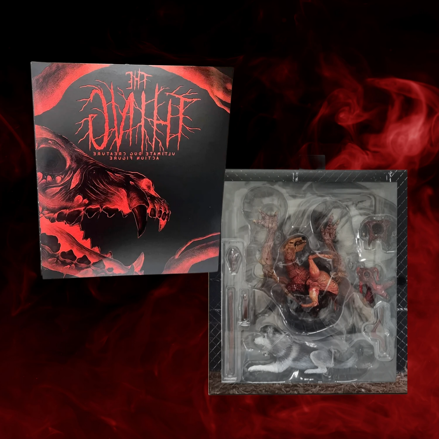 Product packaging with a dragon design and a figurine in a clear plastic case on a dark background.