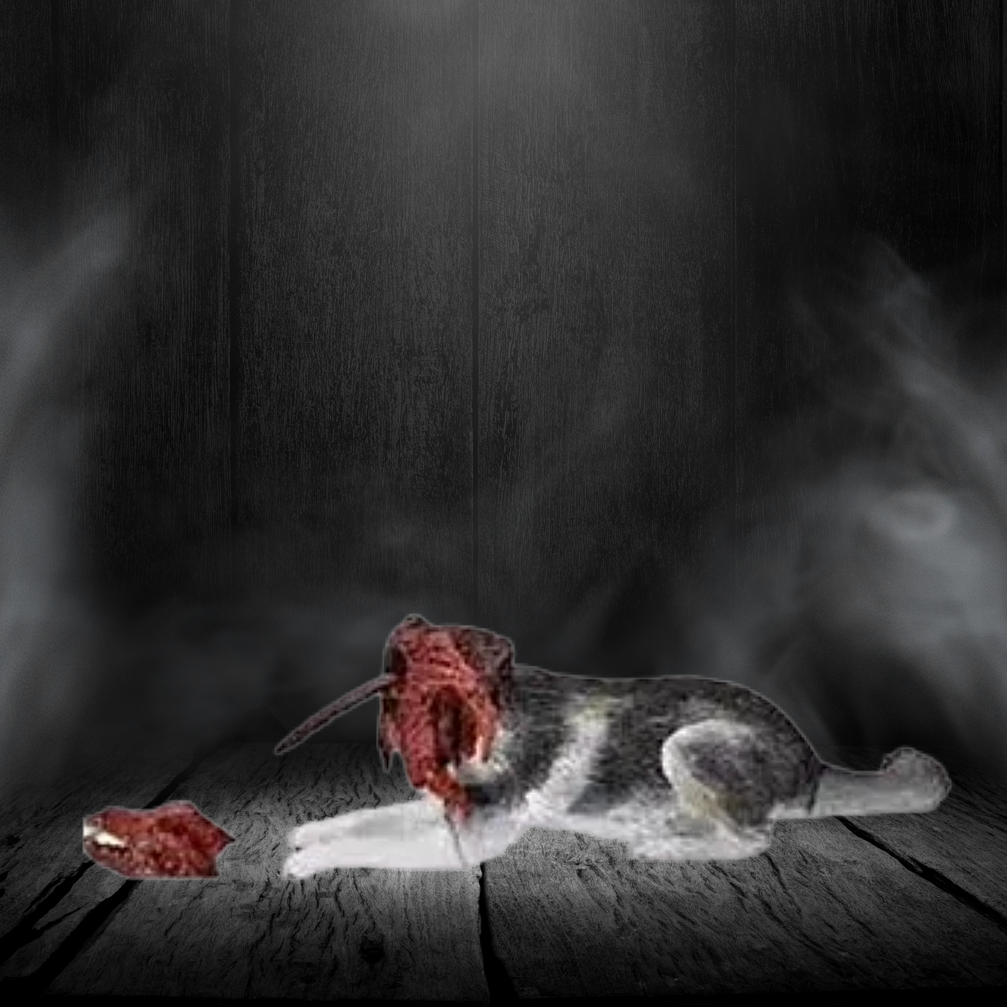 Horror-themed image of a cat with a snake on a dark background