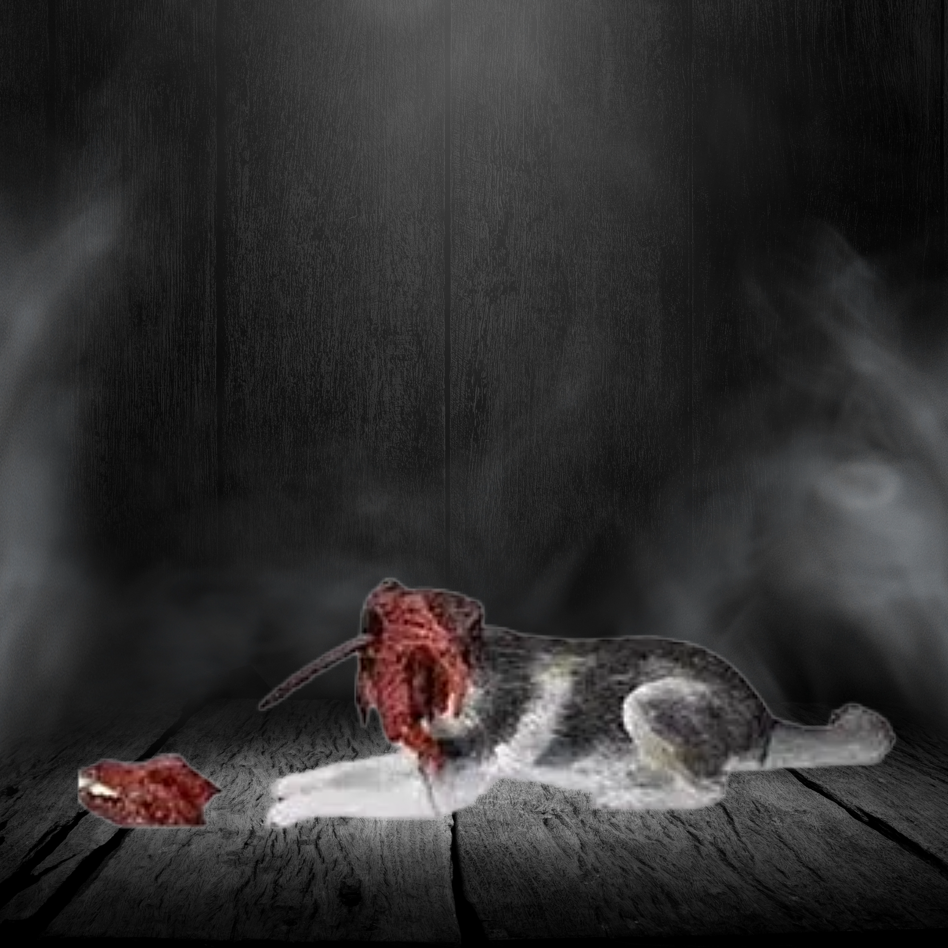 Horror-themed image of a cat with a snake on a dark background