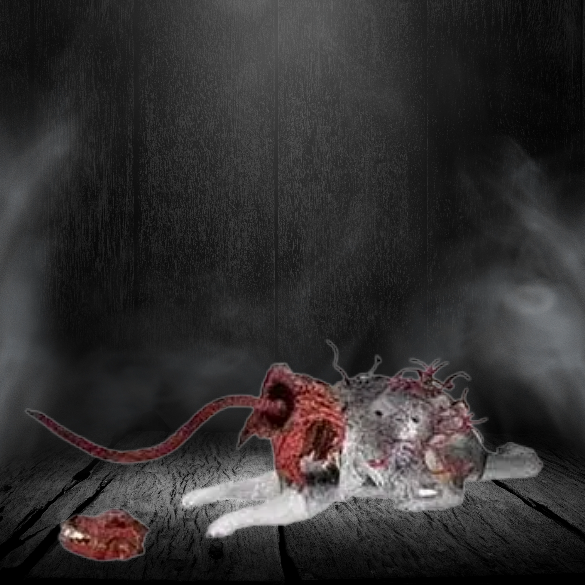 Horror-themed creature on a wooden surface with dark background