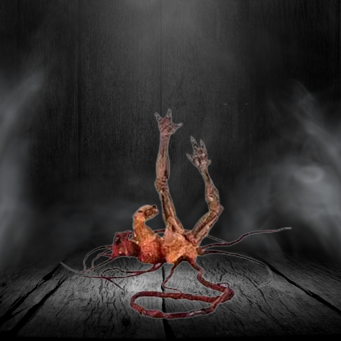 Artistic depiction of a creature with long, thin legs on a dark background