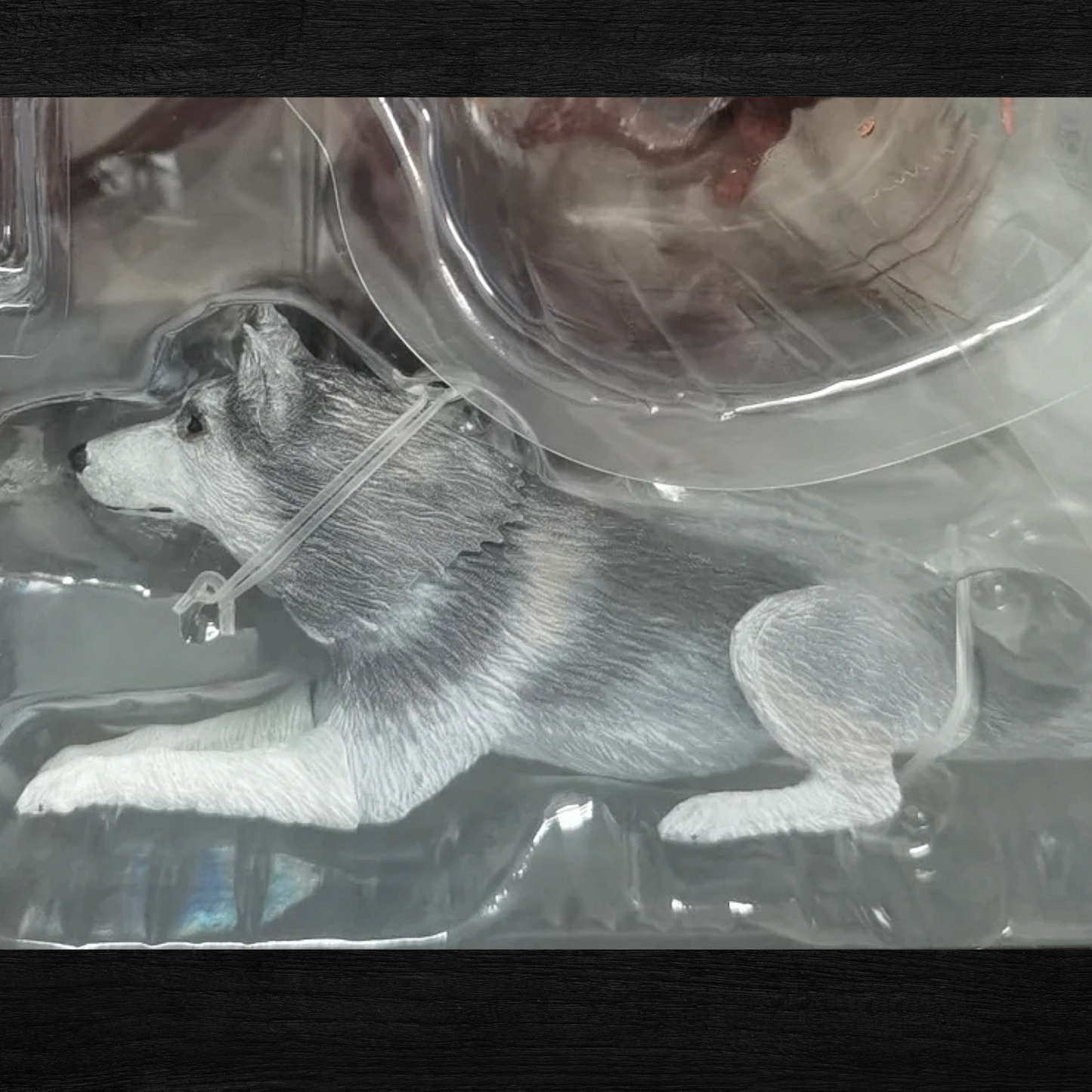 Dog figurine in clear packaging with a black border